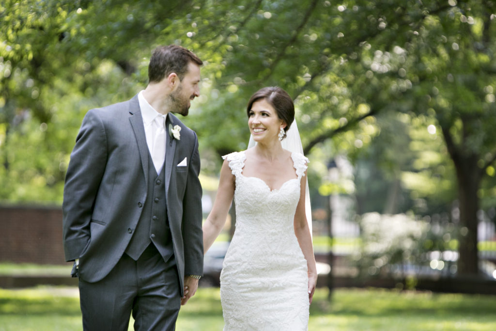 Bride and groom walking